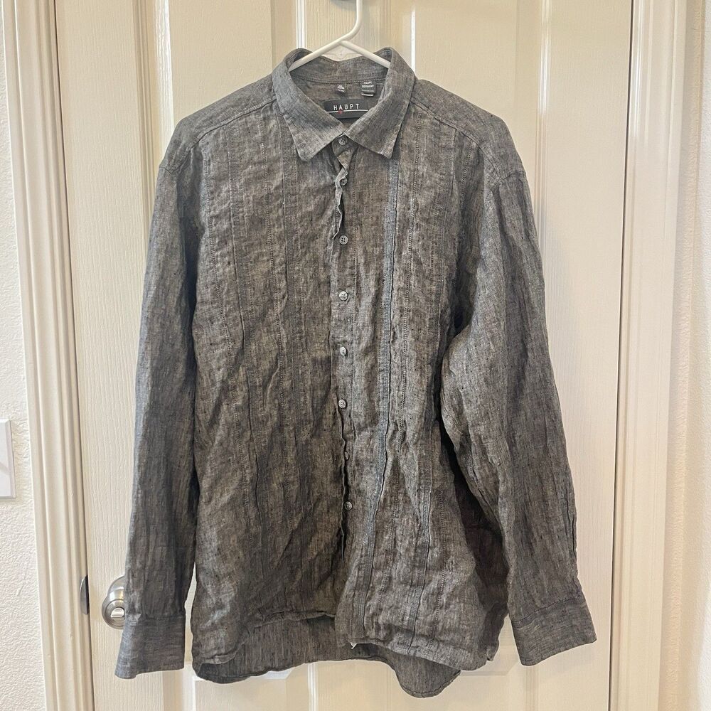 Haupt Germany Gray 100% Linen Button Down Shirt Long Sleeve Men's Size XL